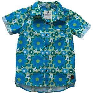 My Brother John size 8-9 blue floral button up shirt imported retro 100% cotton